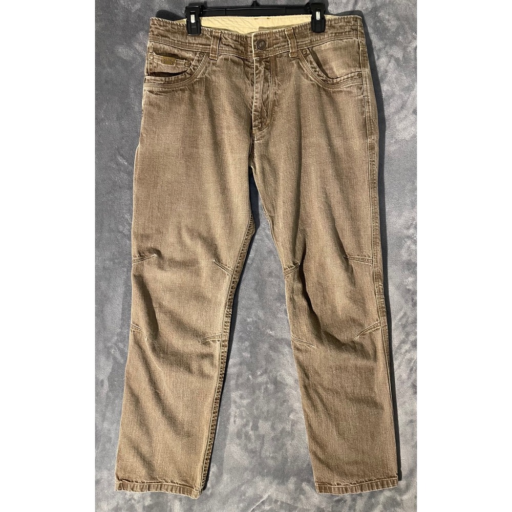 KUHL Riot Jeans Mens 36x32 Khaki Tan Patina Dye Crosshatch Stretch Denim Pants